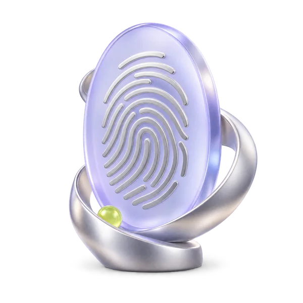 A frosted fingerprint tablet cradled by a protective ribbon